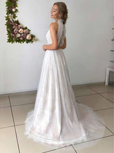 A-line High Neck Lace Tulle Wedding Dress with Sashes/Ribbons and Sweep Train